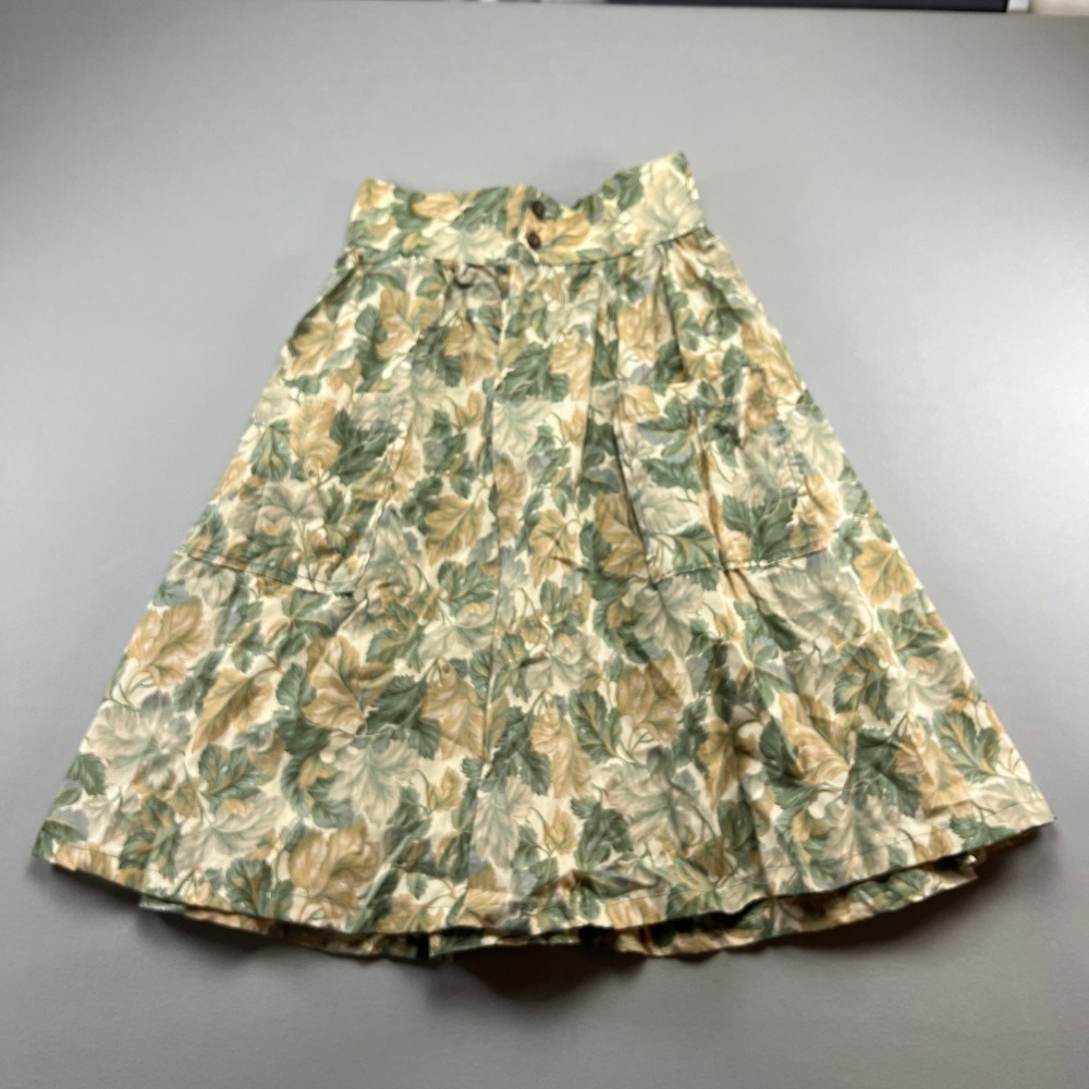 Vintage Womens A Line Midi Skirt 26 Multicolor Leaf Print High Waisted Pleated